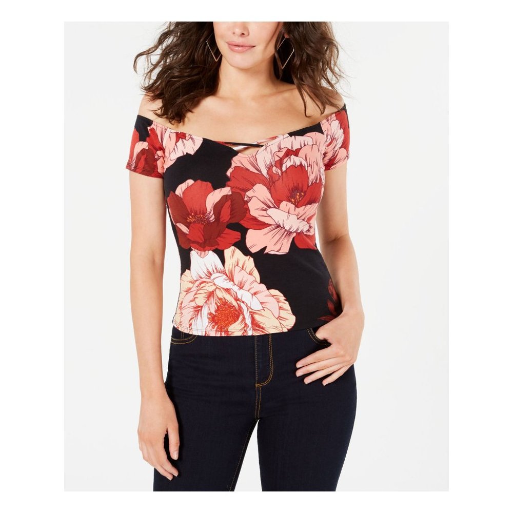GUESS Black Floral Off Shoulder Top LARGE